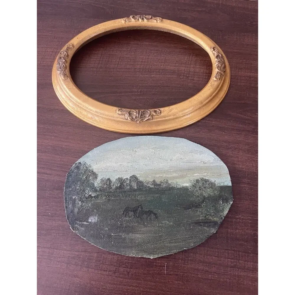 Vintage Wooden Oval Ornate Regency Victorian Framed Painting Of Horses